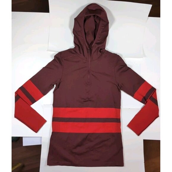 The North Face Tops - The North Face Red Stripe Secondskin Seamless 1/4 Zip Hooded Pullover Medium